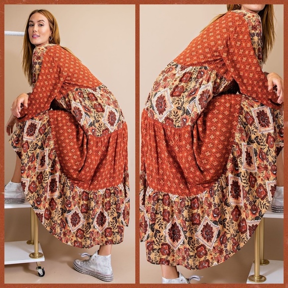 easel Dresses Easel Cottagecore Long Sleeve Mix Floral Print Maxi